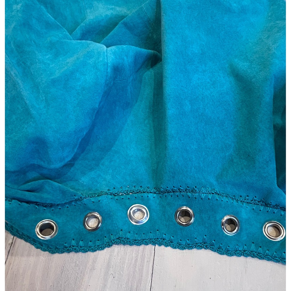 Cache Turquoise Blue Genuine Suede Leather Grommet Crochet Trim Jacket Medium - Picture 5 of 16